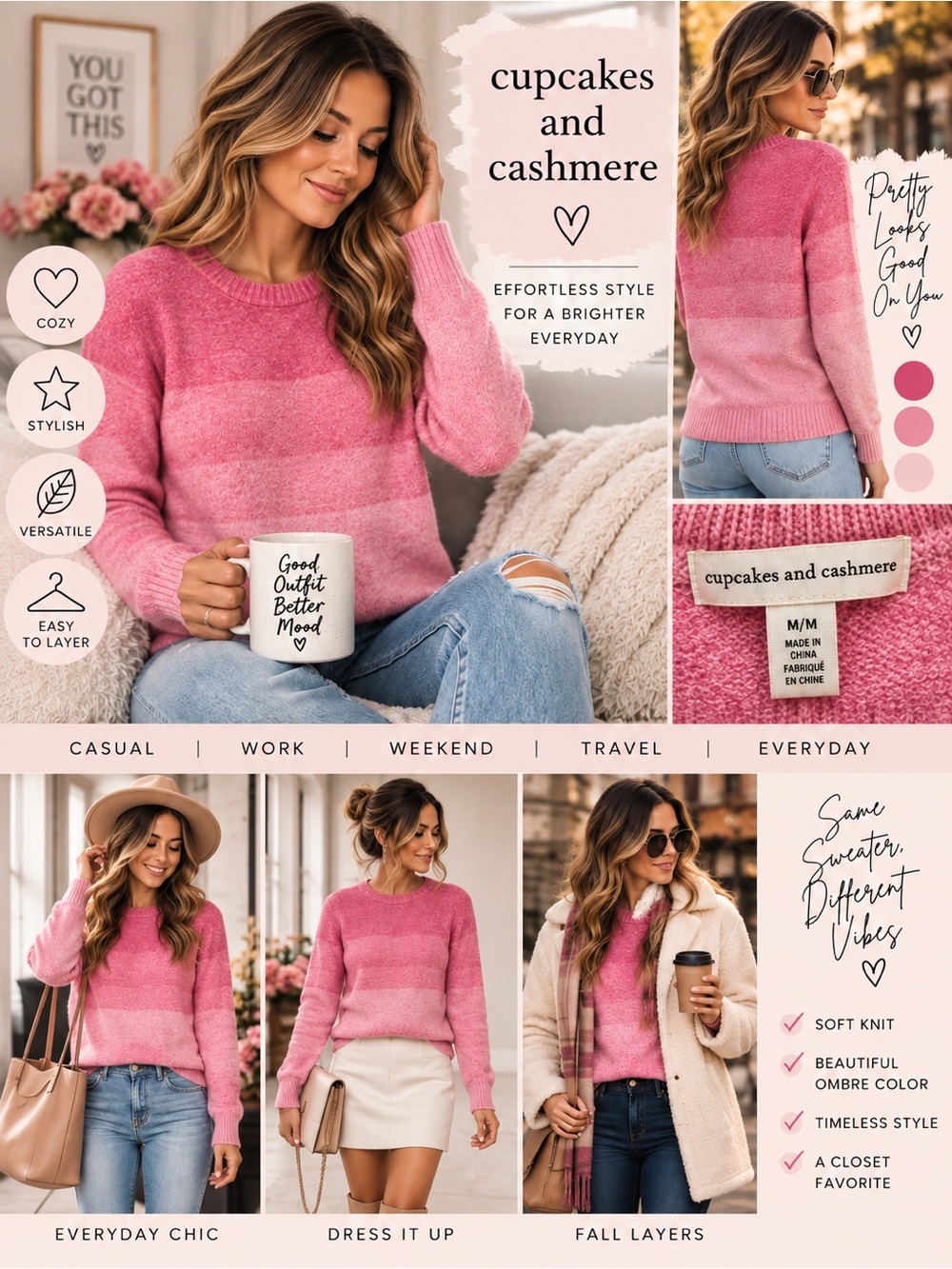 cupcakes and cashmere pink ombre sweater womens cozy knit color block sweater
